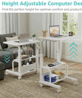 Space Saver C Shaped Laptop Desk On Wheels For Small Spaces White 24 Inch Height Adjustable With 2 Tier Storage Shelves Mobile Under Sofa Or Bed Setup