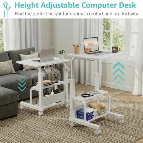 Space Saver C Shaped Laptop Desk On Wheels For Small Spaces White 24 Inch Height Adjustable With 2 Tier Storage Shelves Mobile Under Sofa Or Bed Setup