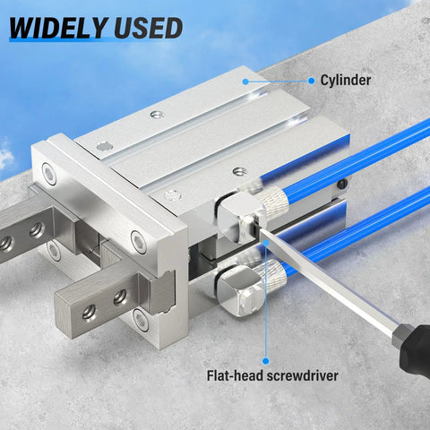 Elbow Quick Release Fittings 4mm Tube OD M5 Thread Copper Locking Pneumatic Couplings in use with cylinder and screwdriver