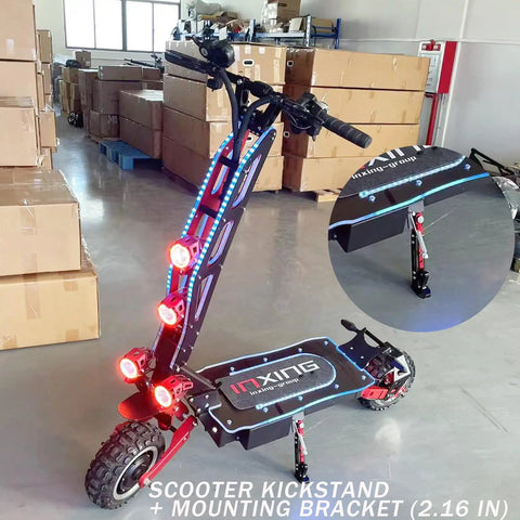 An electric scooter with LED lights, equipped with a Universal Kickstand Bracket for Motorcycles Dirt Bikes And Scooters With 55mm Hole Spacing, Heavy Duty Steel Side Stand Mount, No Fuss Install With Screws, Anti Rust Finish, Fits Most Bikes.