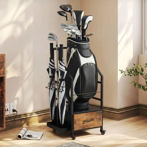 Garage Ready Golf Bag Organizer Rack With Wheels For Easy Single Bag Storage, shown with golf clubs and umbrellas in a room.