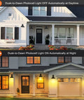 No Fuss Smart Dusk To Dawn Sensor Wall Sconce Outdoor Lighting Fixture in Matte Black on house at day and night