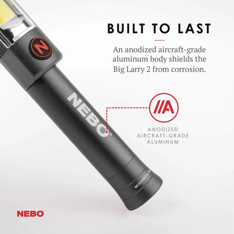 Close-up of Big Larry 2 Work Light With 500 Lumens Magnetic LED Flashlight And Portable COB Task Lamp, anodized aluminum body
