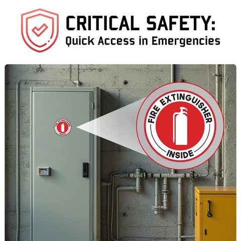 Fire Extinguisher Inside Sticker 6 Pack 2.75 Inch With Ultra Strong Adhesive Weatherproof Decals on gray door in warehouse.