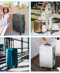 Collage of four stylish luggage pieces with various colors and sizes, featuring wheels for easy mobility on different surfaces.