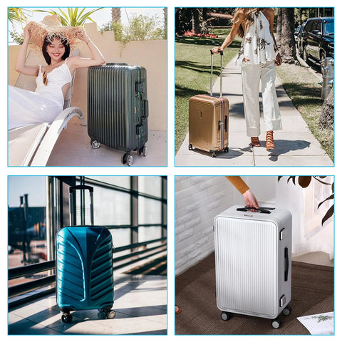 Collage of four stylish luggage pieces with various colors and sizes, featuring wheels for easy mobility on different surfaces.