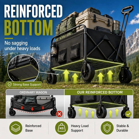 Foldable Wagon Cart With All Terrain Wheels showing reinforced bottom and heavy duty utility design for beach ready hauls
