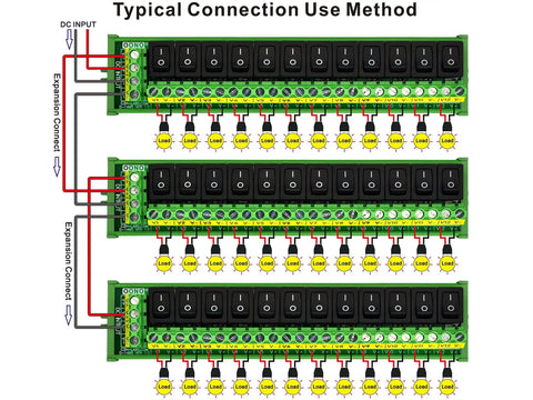 Diagram of Din Rail Mount 12 Channel Rocker Switch DC Power Distribution Strip Module with 0 To 50V Operation, Max 30A