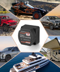 Dual Battery Isolator 12V 140 Amp Voltage Sensitive Relay VSR Kit next to various vehicles and a boat.