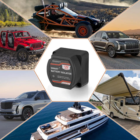 Dual Battery Isolator 12V 140 Amp Voltage Sensitive Relay VSR Kit next to various vehicles and a boat.