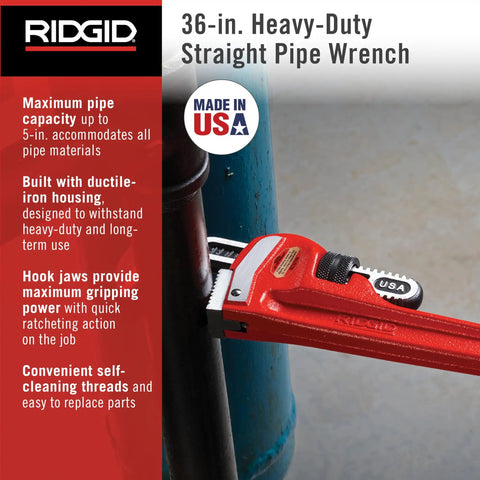 Beefy 36-Inch Straight Pipe Wrench For Heavy-Duty Plumbing Jobs With Floating Hook Jaw, ductile iron housing, and I-beam handle