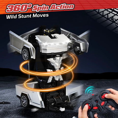 Cybertruck RC Toy Car For Kids 2 In 1 Vehicle with 360 Degree Rotation transforming between truck and robot mode.