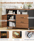 L Shaped Executive Desk With Rolling File Cabinet And Built In Power Outlets For A Boss Level Workspace, open and hidden shelves, adjustable shelves, storage drawers, file drawers, and swivel wheel, brown finish.