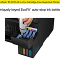 GameChanging Wireless Color All In One Supertank Printer with EcoFit auto-stop ink bottles for easy refill.