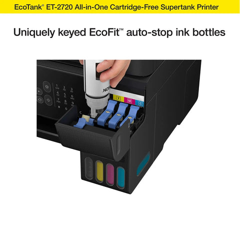 GameChanging Wireless Color All In One Supertank Printer with EcoFit auto-stop ink bottles for easy refill.