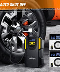 Digital Tire Inflator Portable Air Compressor Pump Tough Guy Workhorse next to a car tire showing auto shutoff feature.