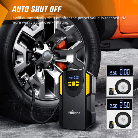 Digital Tire Inflator Portable Air Compressor Pump Tough Guy Workhorse next to a car tire showing auto shutoff feature.