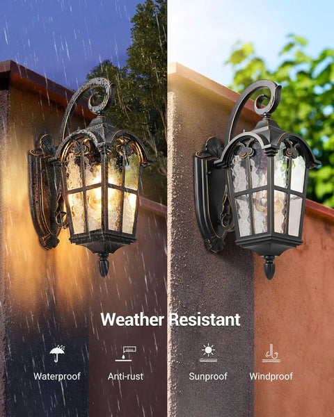 Vintage Black Outdoor Wall Lantern With Water Ripple Glass 17.7 Inch Exterior Sconce Waterproof And Anti Rust Porch Light showing weather resistance with matte black finish