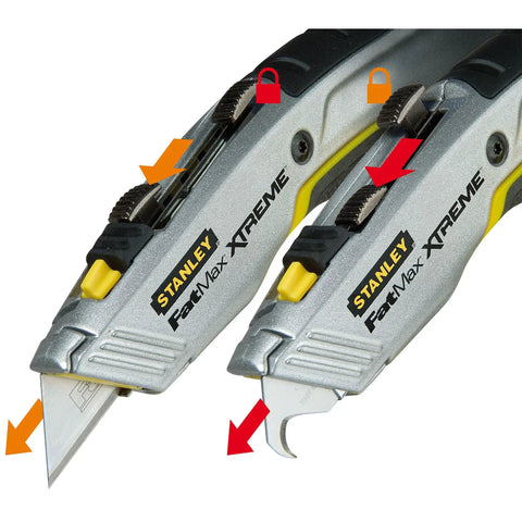 2 In 1 Snap Off Knife Xtreme with stainless steel blade guide, 9mm width, shows quick blade change via notched wheel and safety lock