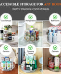 Four Pack Clear Acrylic Lazy Susan Turntable Slick Spin Pantry Organizer For Kitchen Cabinet Spice Rack Vanity Makeup Storage Handles Everyday Clutter Without Any Sweat Or Fuss in various storage locations.
