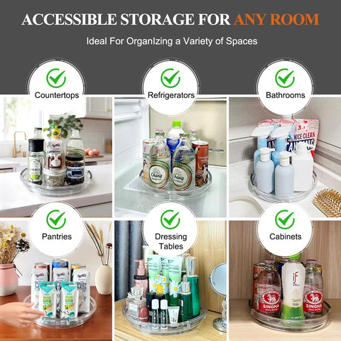 Four Pack Clear Acrylic Lazy Susan Turntable Slick Spin Pantry Organizer For Kitchen Cabinet Spice Rack Vanity Makeup Storage Handles Everyday Clutter Without Any Sweat Or Fuss in various storage locations.