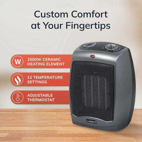 Portable Ceramic Space Heater With Tip Over Safety And Overheat Protection, 1500W Two Heat Settings And Thermostat, Compact Dark Gray Design