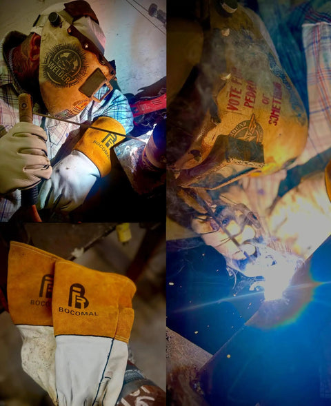 Game Changer 14 Inch Welding Gloves Crafted From Tough Grain Cowhide Leather With Kevlar Stitched Backings And Plush Cotton Liner in use during welding.