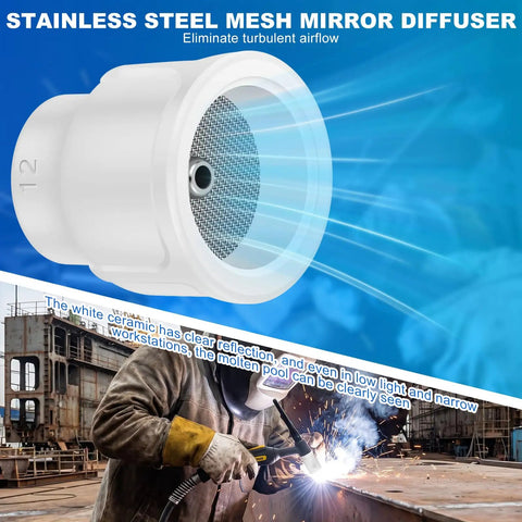 Solid 4 Pc Kit Of White Ceramic #12 TIG Cups With 1/8' Diffuser Mesh For WP TIG Torches, showing stainless steel mesh diffuser.