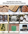 ATOMSTACK Swift Laser Engraver 3W; collage showing wood, leather, stone, ceramics, paper, leaves, felt, coated metal