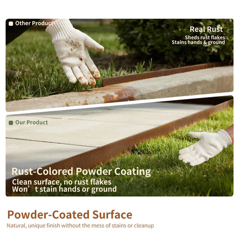 Comparison of rusted and bronze powder-coated heavy duty galvanized steel landscape edging kit, clean surface shown with gloves.