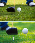 Two images of golf clubs striking ball on Bulk 1000 Wooden Golf Tees Three And One Quarter Inch Bamboo Tees White Blue Lines Set