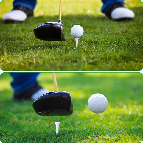 Two images of golf clubs striking ball on Bulk 1000 Wooden Golf Tees Three And One Quarter Inch Bamboo Tees White Blue Lines Set