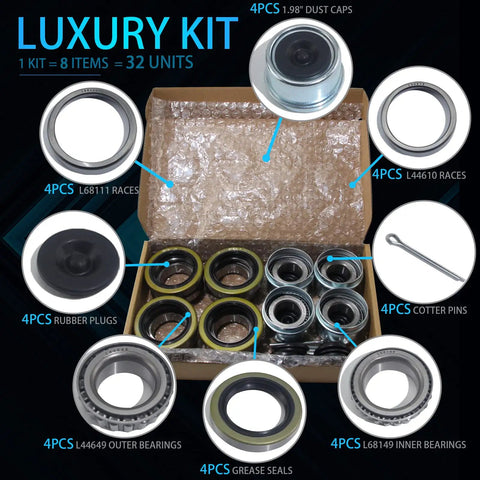 Beefed Up Four Sets 3500 Lb Boat Trailer Axle Bearing Kit With L68149 And L44649 Bearings shown in packaging with 171255TB seals