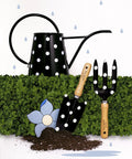 Two Piece Garden Tool Set With Hand Rake And Trowel Durable Carbon Steel Blades Smooth Wooden Handles With Hanging Holes Perfect Mother's Day Gift Cute Picture Dot Design For Practical Gardeners next to polka dot watering can