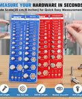 Front view of nut and bolt thread gauge with blue metric panel and red standard panel, 26 SAE and 26 metric sizes