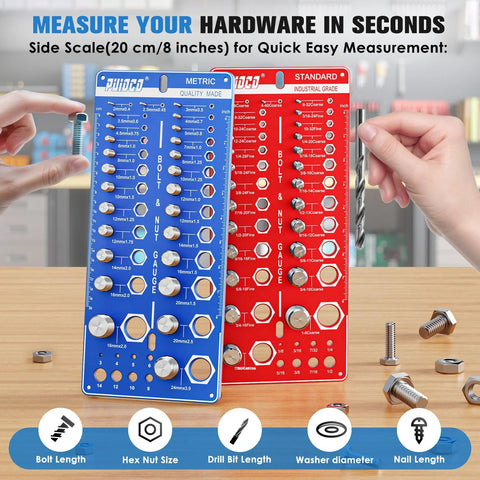 Front view of nut and bolt thread gauge with blue metric panel and red standard panel, 26 SAE and 26 metric sizes