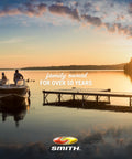 CE Smith boat trailer hub kit banner; sunset lake scene with a motorboat near a dock and Smith logo