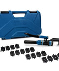 Hydraulic Cable Lug Crimping Kit With 18 Die Sets for 12 AWG Through 2/0 Wire True Hex Dies shown with blue carrying case