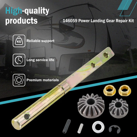 Power Landing Gear Repair Kit for 5th Wheel RV Lead Leg Replacement and Front Leg Upgrade parts shown with RV background