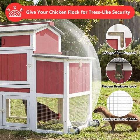 Mobile Wooden Chicken Coop With Nesting Box featuring reinforced metal mesh, asphalt roof, wheels, and predator lock in a garden