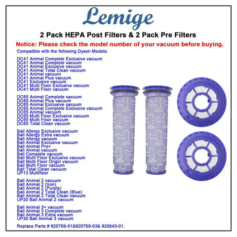 Two Pack Post And Pre Filter Set For Dyson Ball Vacuum Models DC41 DC65 DC66 UP13 UP20 UP30 Animal Multi Floor And Ball Animal 2 And 3 Replacement Filters Comparable To 92076901 And 92064001 displayed with blue filter pieces and compatibility list.