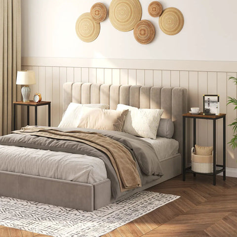 Built Tough Industrial Tall Side Table Featuring Adjustable Mesh Shelves And Rugged Steel Frame Works Like A Charm As A Tall Nightstand For Your Rustic Brown Living Room Setup in a cozy bedroom setting.