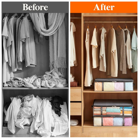 Before and after closet organization with Under Bed Storage Bags 40L Set Of 3 With Front Clear Window Foldable Closet Organizers In Gray