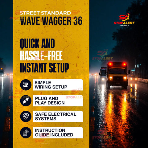 Wave Wagger 36 advertisement featuring headlights on a wet road with emergency vehicle and setup benefits listed.