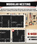 46 Piece Toolbox Organizer Tray Divider Set for Tool Chests, interlocking trays in various sizes shown against workbench background.