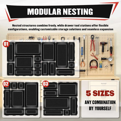46 Piece Toolbox Organizer Tray Divider Set for Tool Chests, interlocking trays in various sizes shown against workbench background.