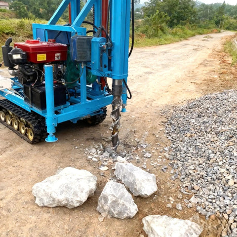 No Fuss Mini Hydraulic Water Well Drilling Rig 200 Meter Deep Borehole Drill drilling into rocky ground on a job site.