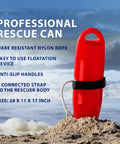 Top Shelf Lifeguard Rescue Can Featuring Secure Three Hole Handle And Sleek Torpedo Shape Rock Solid Waterproof Pool Beach Safety Gear Crafted For Lightning Fast Water Saves, 28x11x17 inch, red with strap and anti-slip handles at beach.