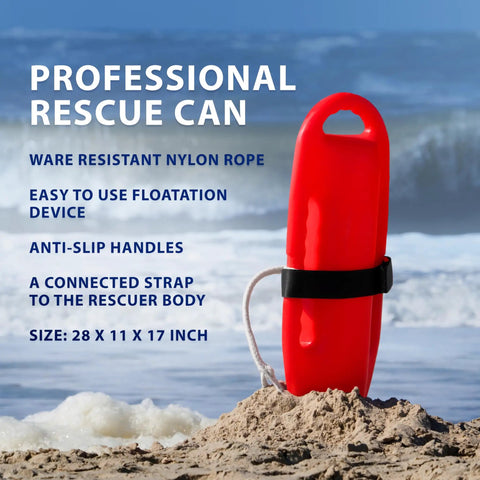 Top Shelf Lifeguard Rescue Can Featuring Secure Three Hole Handle And Sleek Torpedo Shape Rock Solid Waterproof Pool Beach Safety Gear Crafted For Lightning Fast Water Saves, 28x11x17 inch, red with strap and anti-slip handles at beach.
