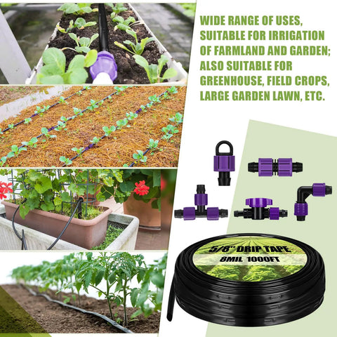 Drip Irrigation Tubing Kit With 1000 Ft Drip Tape Five Eighth Inch Outer Diameter 8 Mil Thick Six Inch Spacing Includes Tape End Plugs And Connectors For Garden Landscape Lawn And Farm Irrigation System